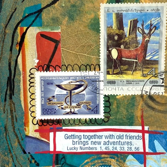 Getting Together Blank Greeting Card Original Handmade Collage Artwork Signed - Picture 2 of 6